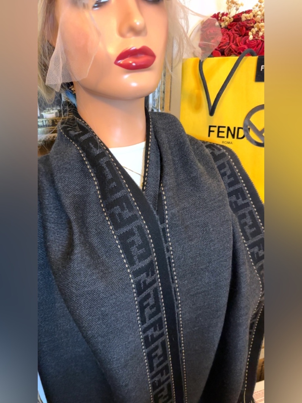 Fendi Charcoal Gray Logo-Trim Wrap Shawl